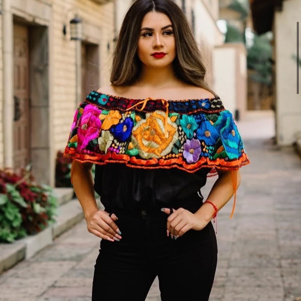 Off Shoulder Mexican Embroidered colorful top Chiapas
